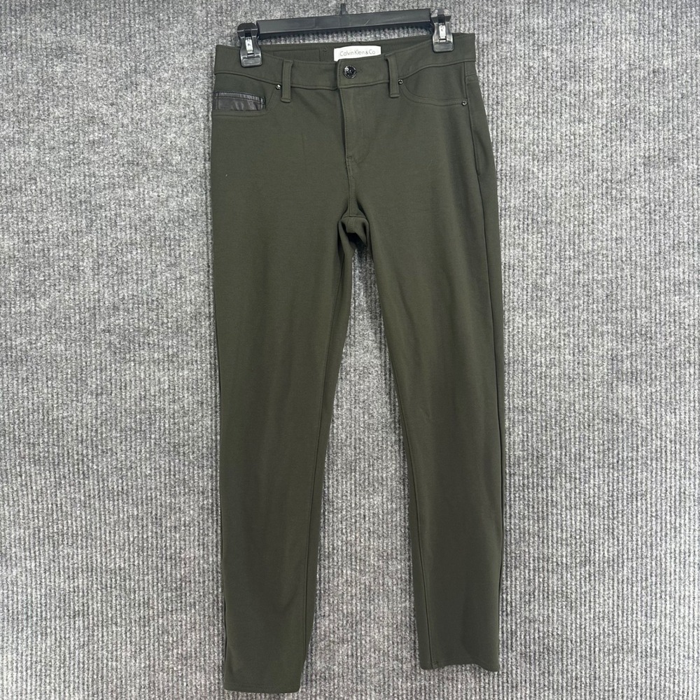 Calvin Klein Ponte Pants Women 8 Olive Green Excellent Faux Leather Trim Skinny